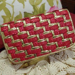 Red Straw Clutch Handbag Trimmed Metallic Gold NWOT